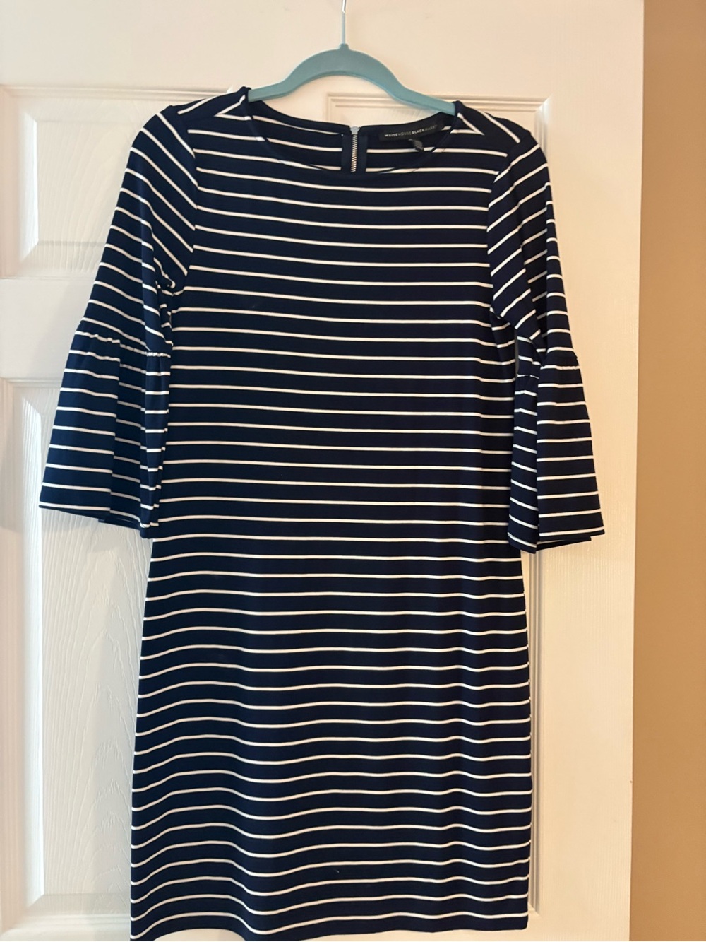 White House Black Market Navy & White Striped Bell-Sleeve Mini Dress